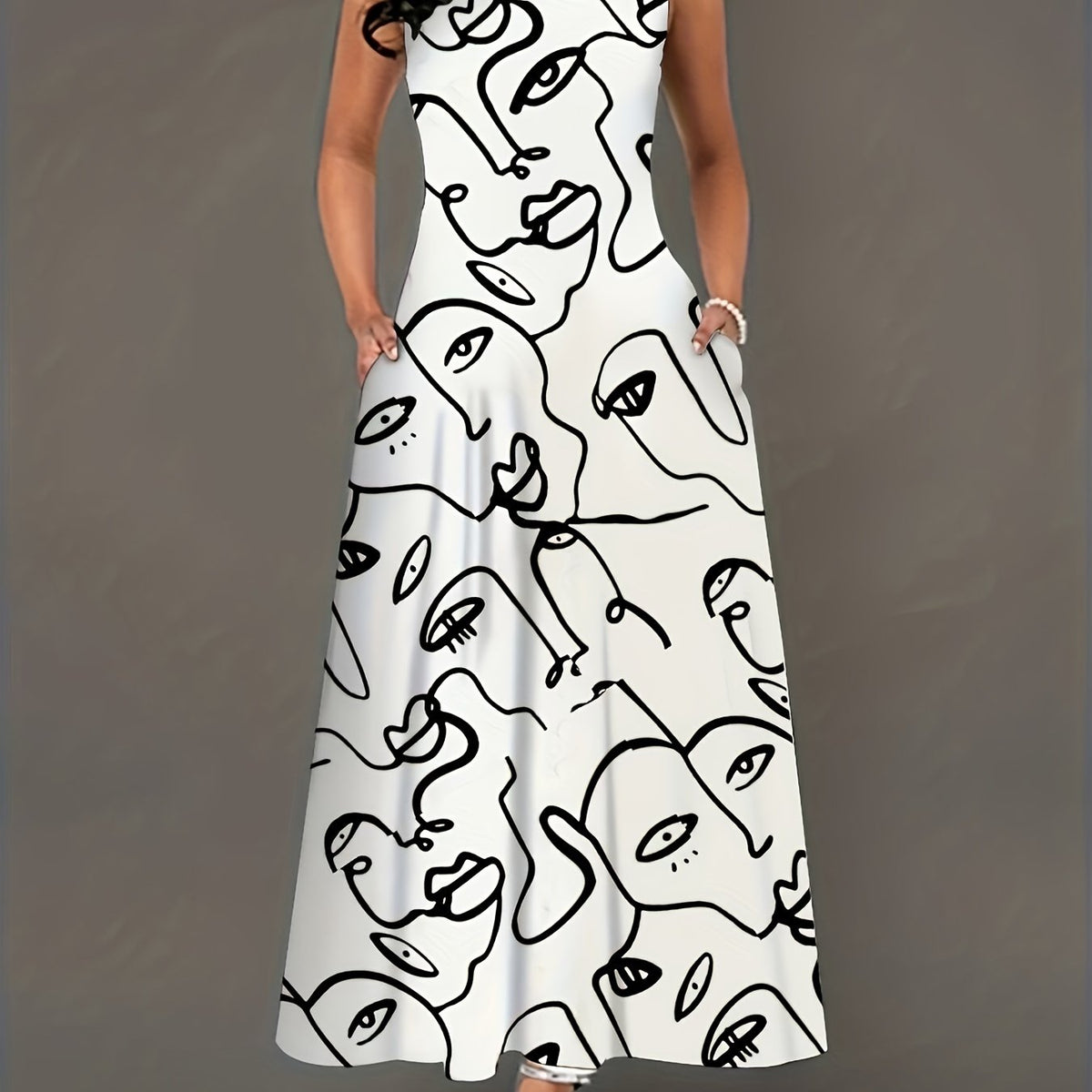 Abstract Figure Print Maxi Tank Dress With Pockets