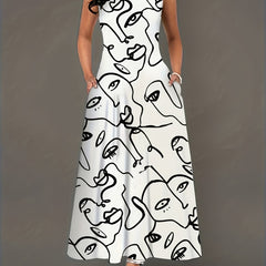 Abstract Figure Print Maxi Tank Dress With Pockets