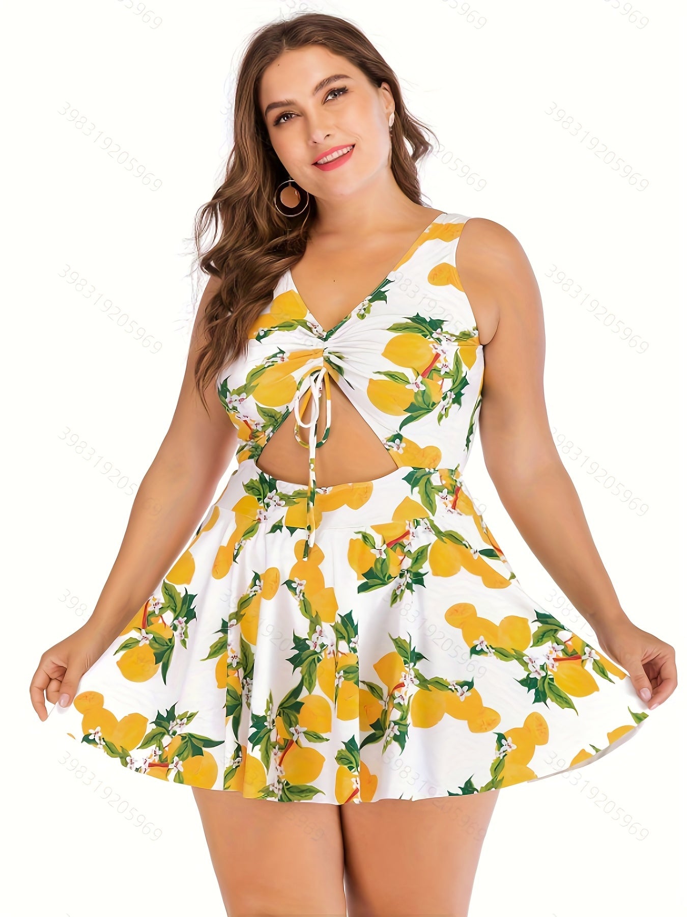  Lemon Print Cut Out Tankini Set