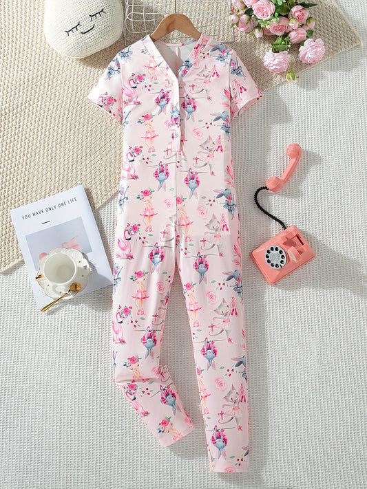 Kid's Rabbit Print Overalls Pajamas Short Sleeve Loungewear