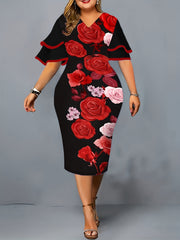  Floral Print Bell Sleeve V Neck Midi Dress