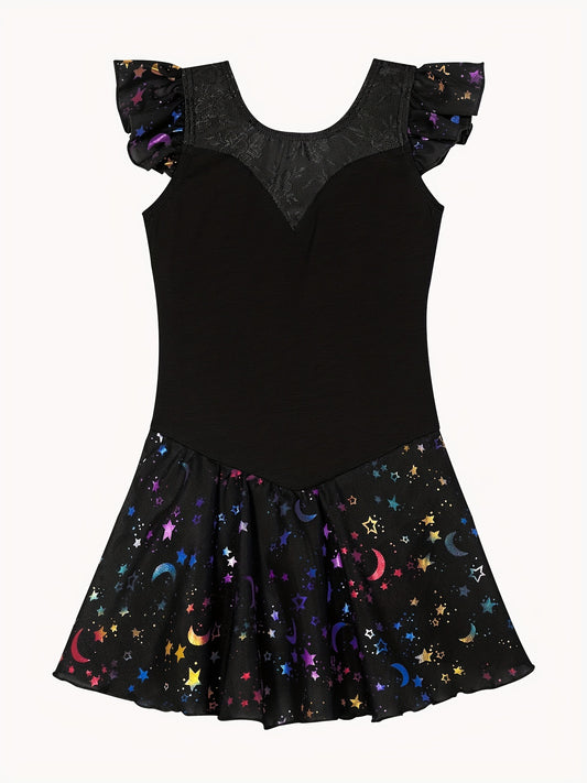 Girls Star Graphic High Stretch Ruffled Sleeve Ballet Dance Dress