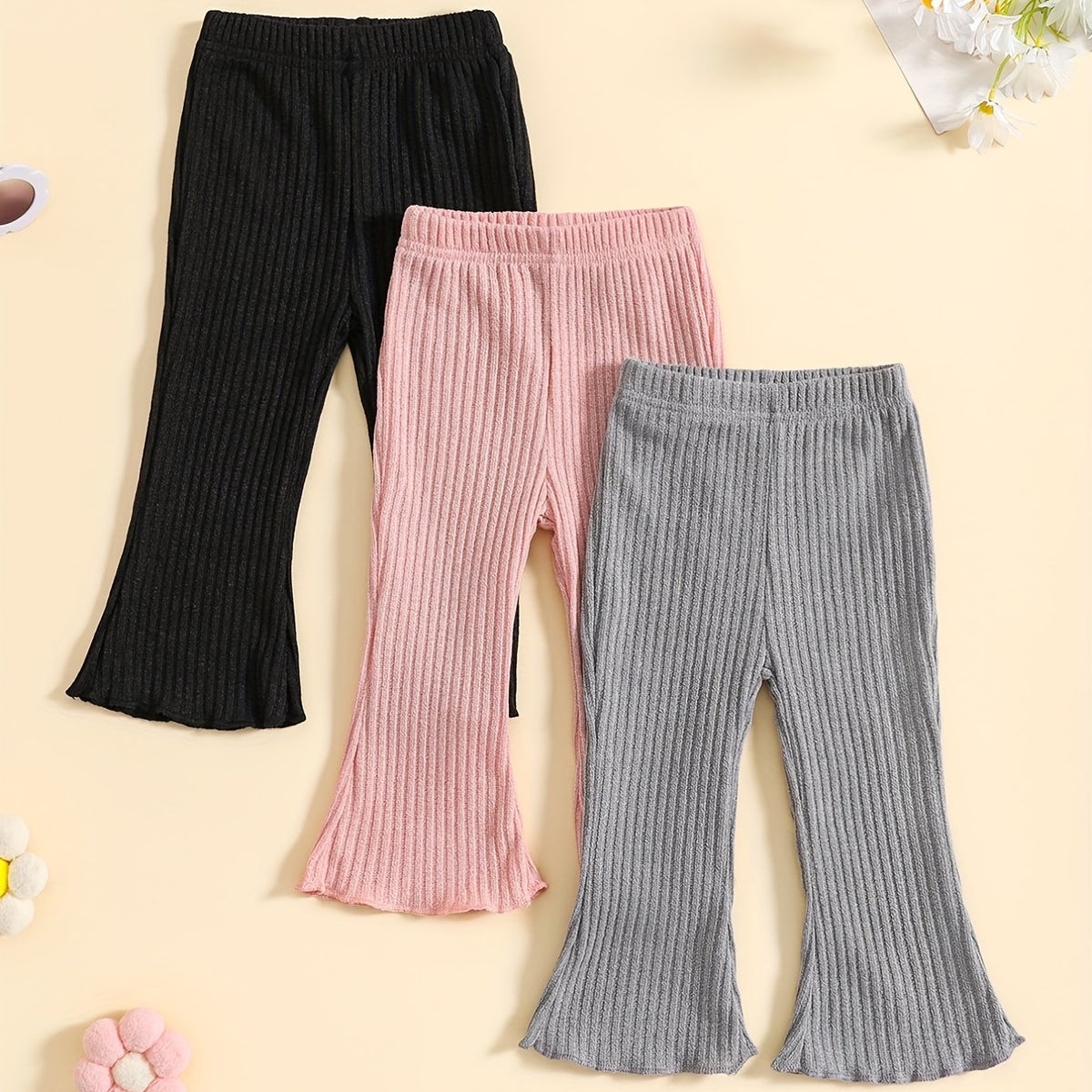 Toddler Girl's Frill Trim Bell Bottom Pants Pink Grey