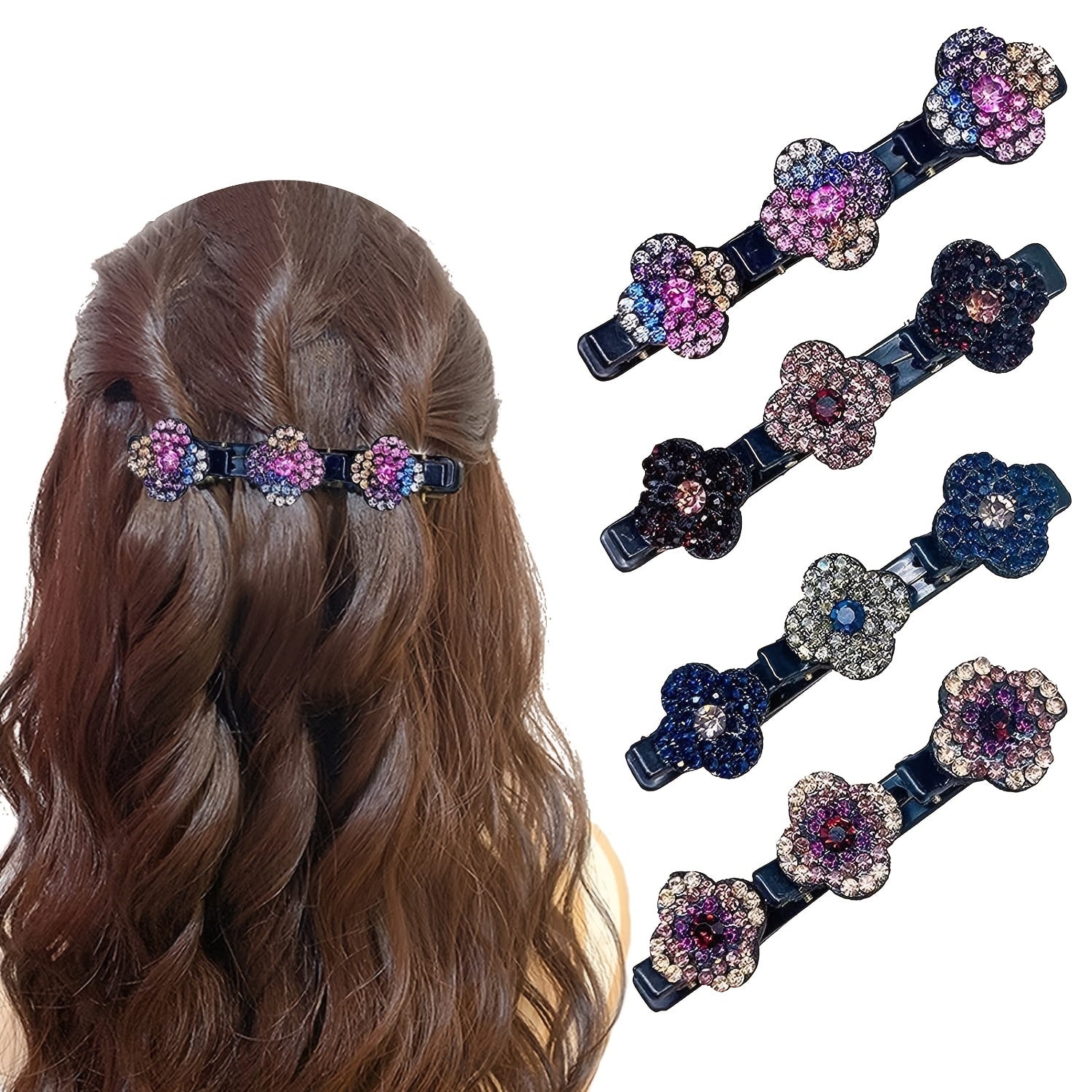 4PCS Satin Fabric Clover Sparkling Crystal Hair Clips Hairpins