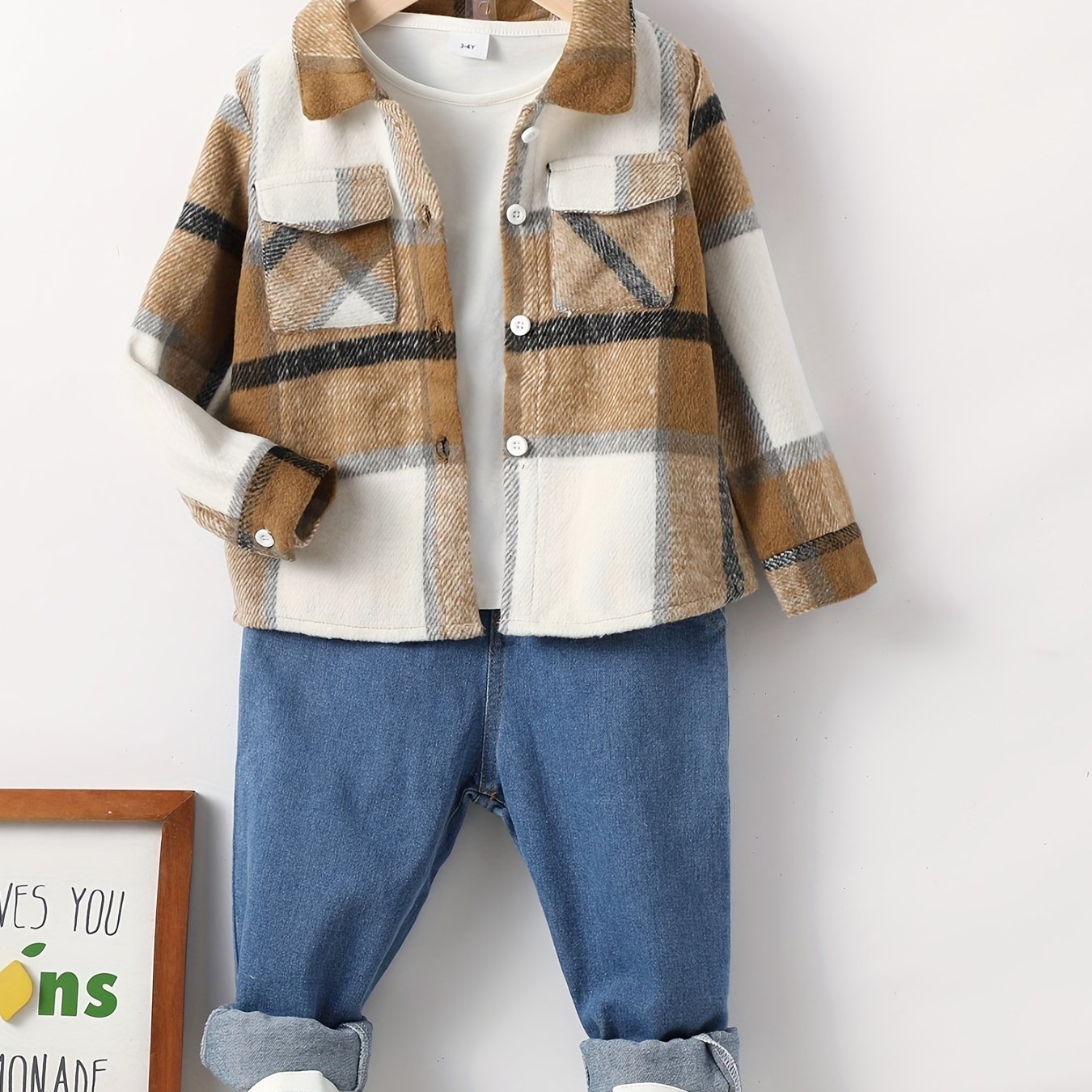 Boy's 2pcs Plaid Shirt & Denim Pants Set Casual Outfit
