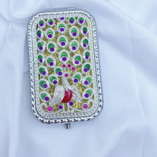 Vintage Peacock Vanity Mirror Compact Magnifying Glass Rhinestones Metal