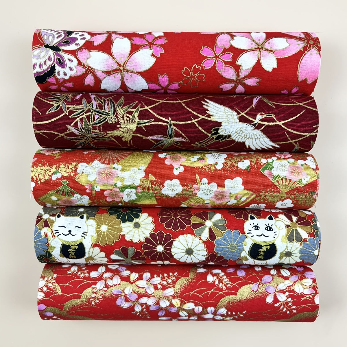 5pcs Red Cotton Fabric Quilting Home Textile Hot Stamped DIY