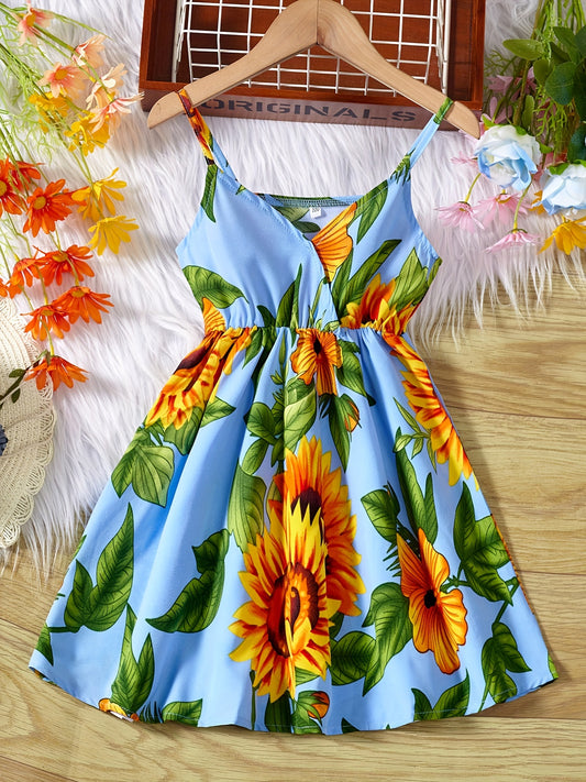 Toddler Girls Sunflower Surplice Neck Cami Dress Party Beach Vacation