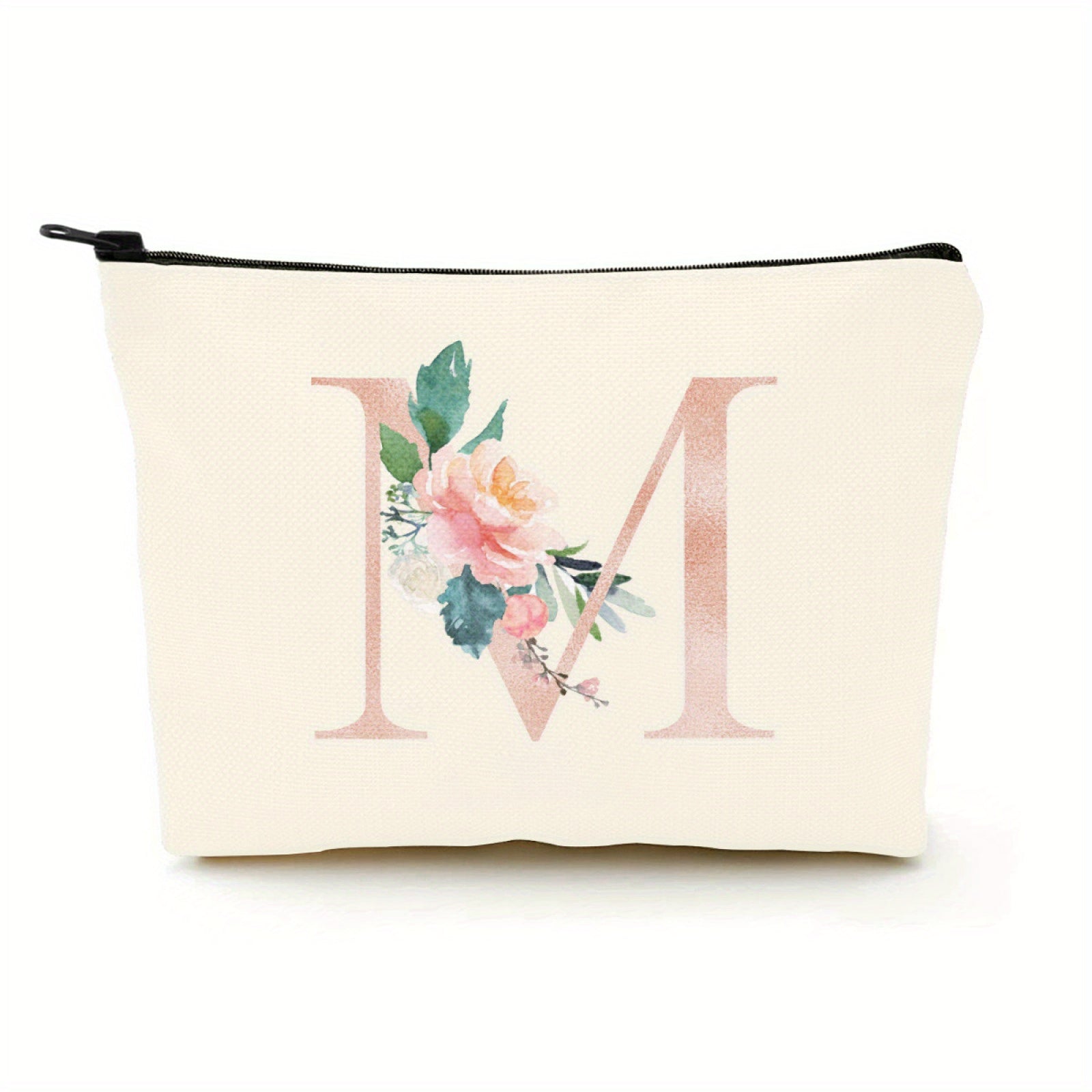 Floral Initial Makeup Bag Zipper Cosmetic Pouch Monogrammed Gift