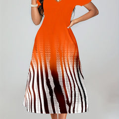 Ombre & Stripe Print Cold Shoulder Midi Dress