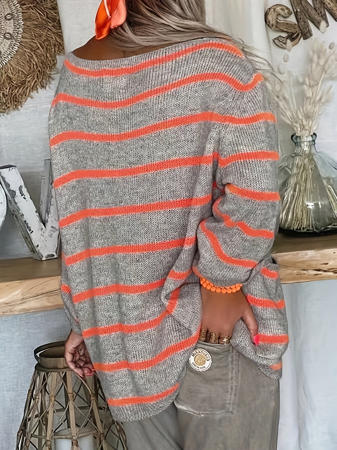 Striped Boat Neck Pullover Sweater Vintage Long Sleeve Pocket Loose Sweater