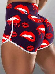 Women's Plus Abstract Red Lip Print High Rise Skinny Shorts