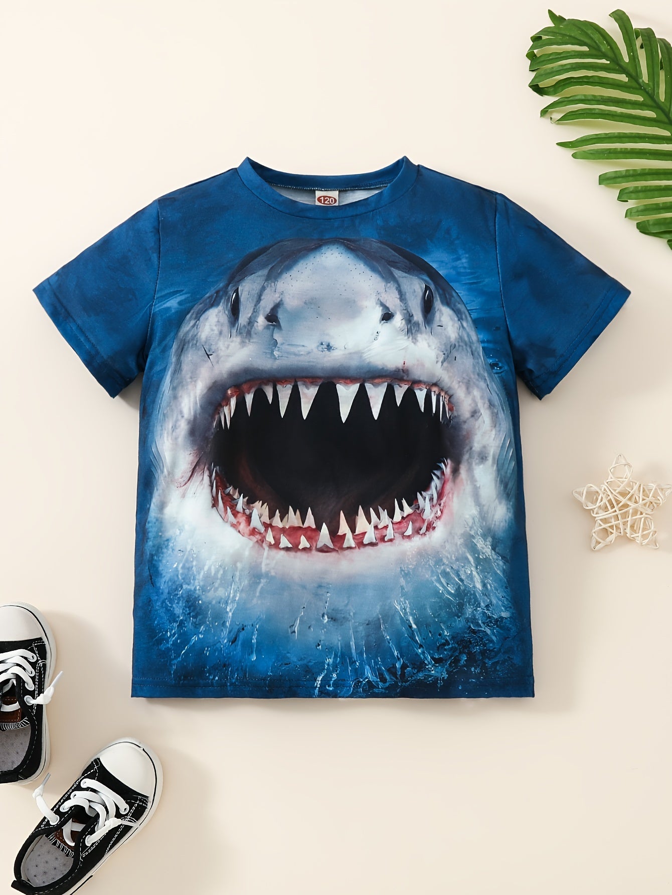 Shark Print Boys T-shirt Short Sleeve Crew Neck Summer Casual Kids
