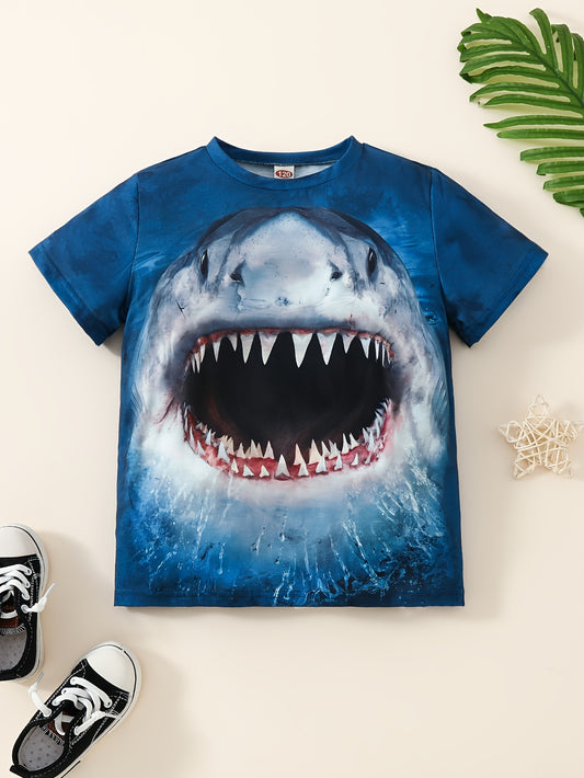 Shark Print Boys T-shirt Short Sleeve Crew Neck Summer Casual Kids