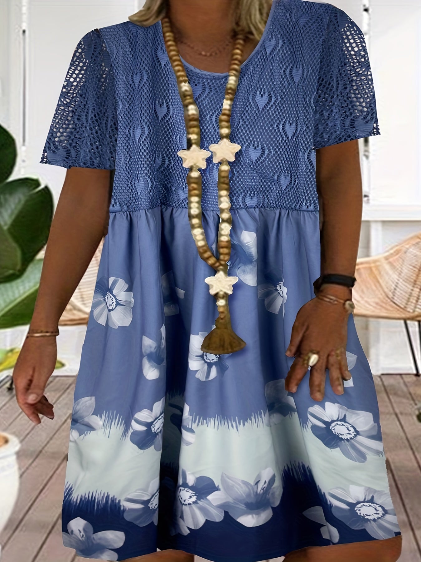  Casual Dress Women's Plus Floral Print Contrast Panel Dress