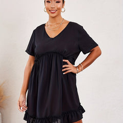  Solid Short Sleeve V Neck A line Mini Dress