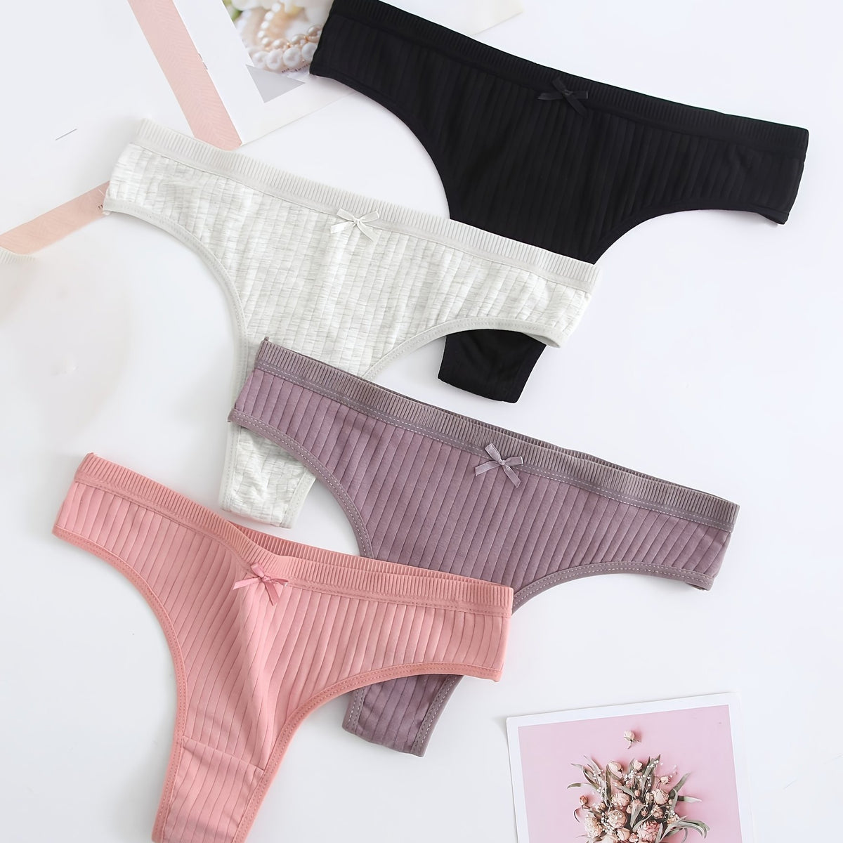 4 Pairs Solid Cotton G Strings & Thongs