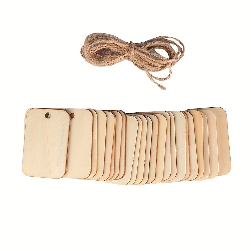 50pcs DIY Wooden Chips with Holes & Hemp Rope for Gift Labels