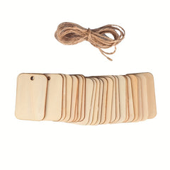 50pcs DIY Wooden Chips with Holes & Hemp Rope for Gift Labels