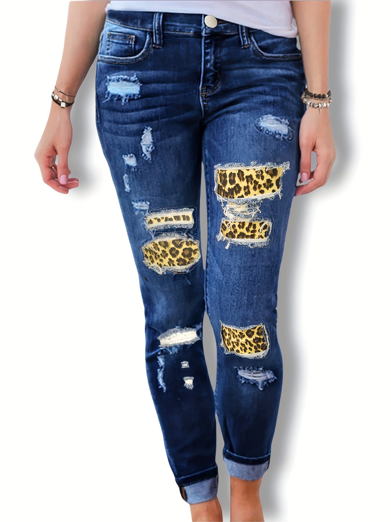  Leopard Skinny Jeans Washed Ripped Button Fly Casual Denim