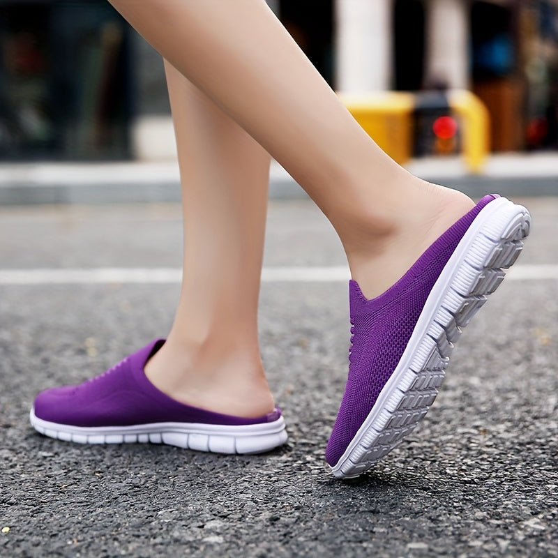 Women's Knit Flat Mules Comfy Solid Closed Toe Non Slip Slides Shoes