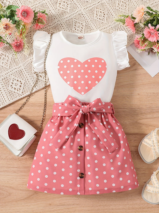 2pcs Toddler Girls Butterfly Sleeves Polka Dot Heart Top & Skirt Set