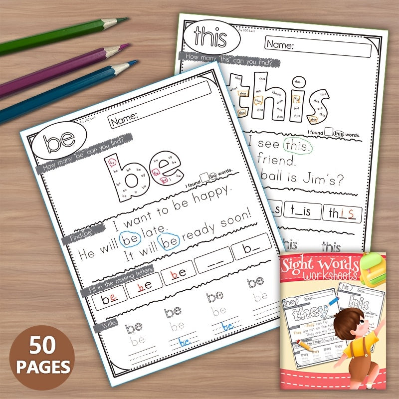 Sight Words Worksheets Fry 1-100 High Frequency Words Fun Learning 50 Pages