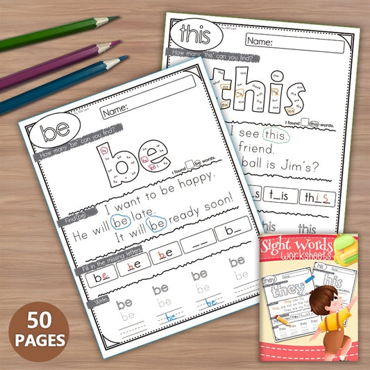 Sight Words Worksheets Fry 1-100 High Frequency Words Fun Learning 50 Pages