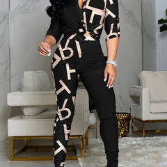 2pcs Blouse & Pants Set Long Sleeve High Waist Skinny Women's Clothing