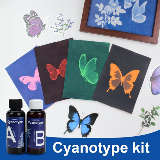 Cyanotype DIY Kit: 22 Colored Sheets, Liquid, Brush, Plate, Instructions