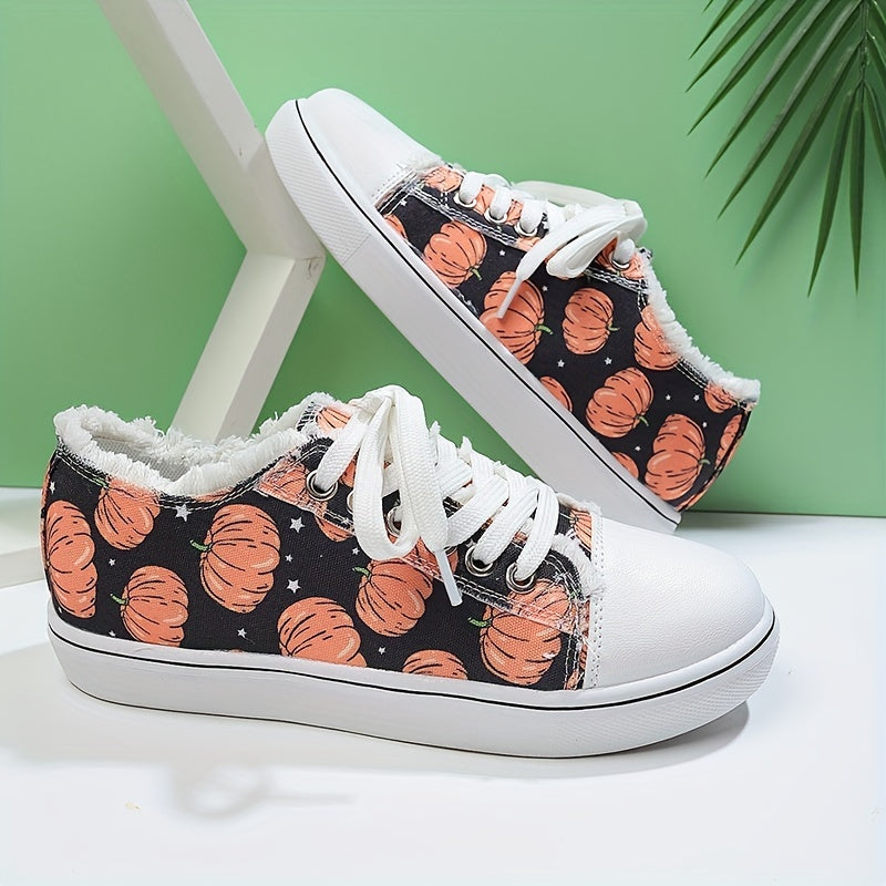 Women's Pumpkin Print Canvas Shoes Halloween Low Top Flat Walking Shoes