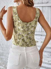 Butterfly Print Ruched V-neck Crop Top Sleeveless Top For Summer Women