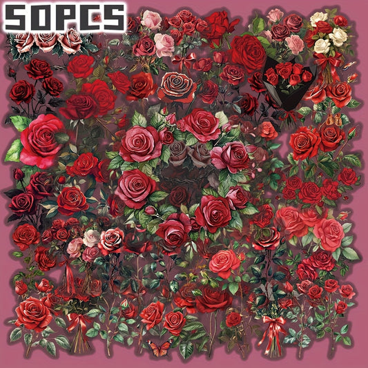 50pcs Vintage Roses Stickers Self Adhesive Floral Decals Assorted Colors