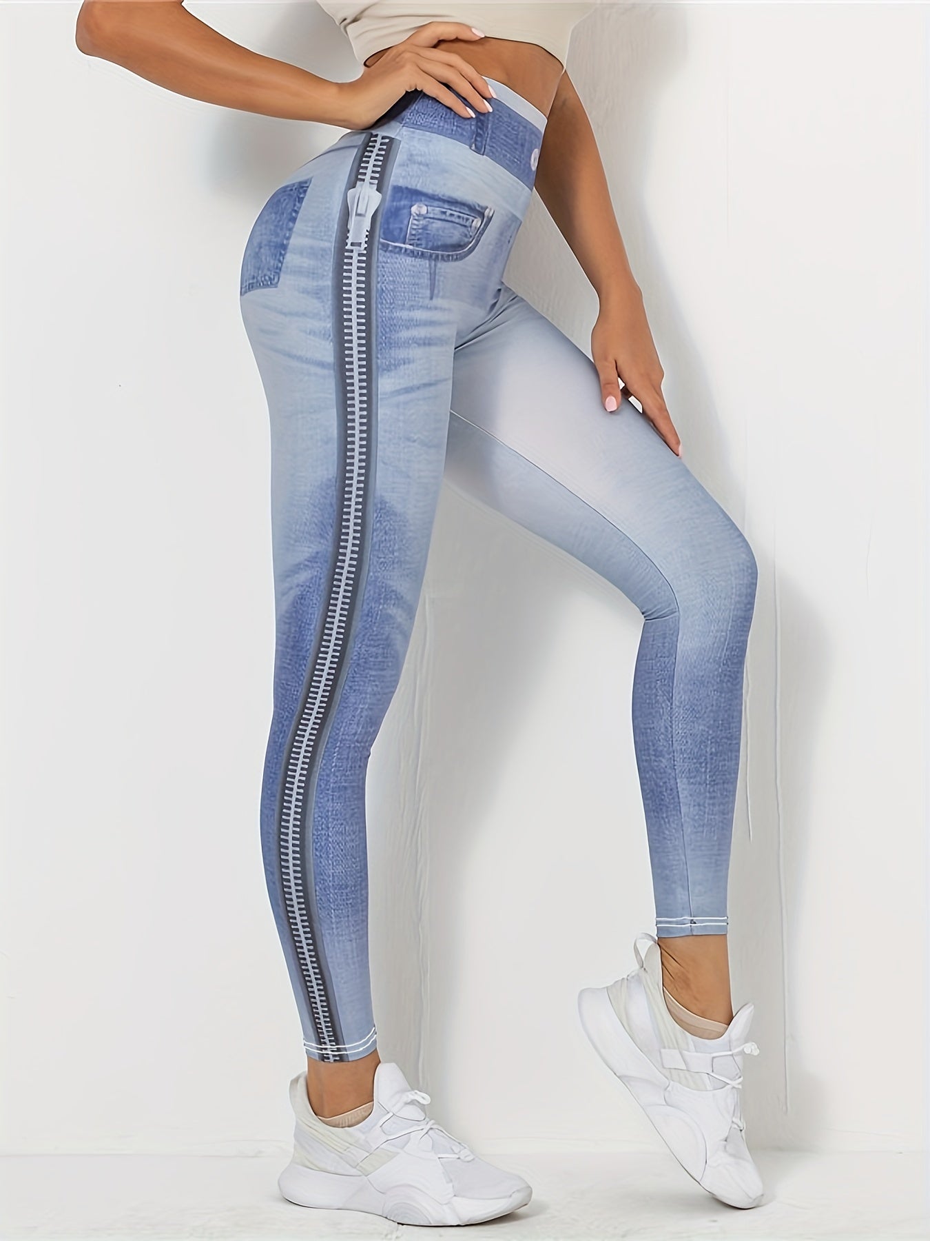 Denim Printed Slim Leggings High Waist Women's Clothing