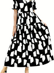  Geometric Print Short Sleeve Maxi Dress