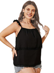  Ruffle Trim Lace Smock Tank Top