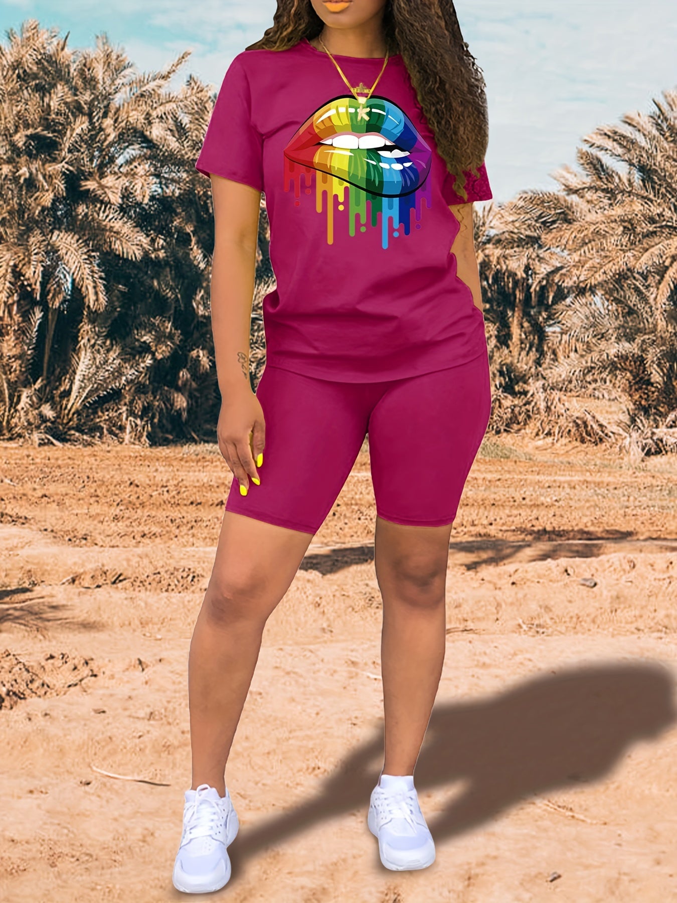 Lips Print Tee & Slim Shorts Set for Women