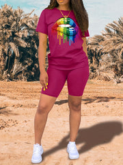 Lips Print Tee & Slim Shorts Set for Women
