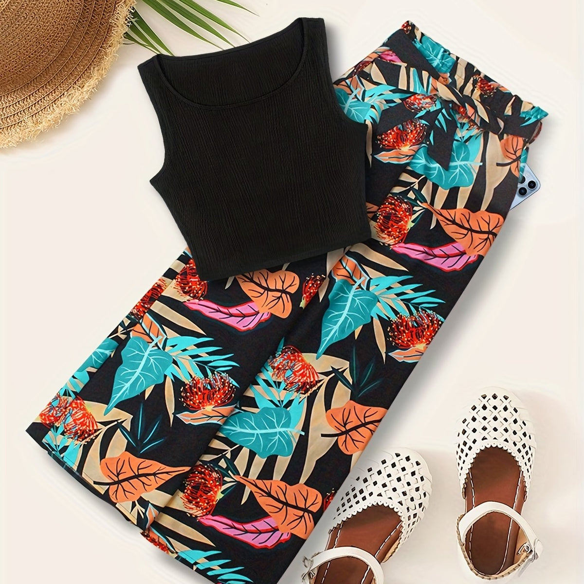 Boho Tank Top & Tropical Print Wide Leg Pants Set