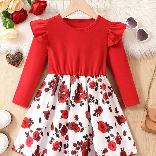 Girls' Rose Flowers Graphic Long Sleeve Dress Spring Autumn Outfit