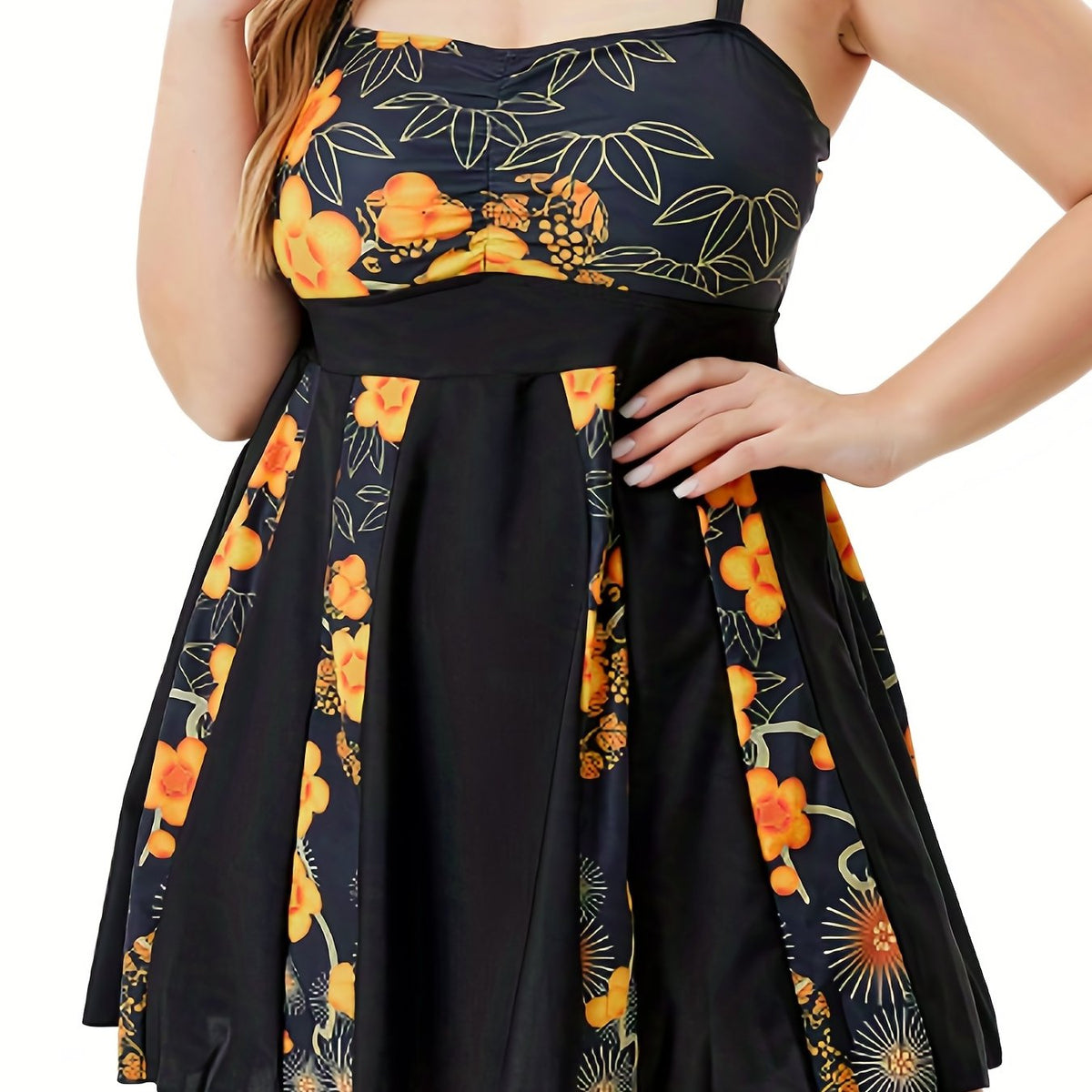  Colorblock Floral One Piece Swimwear Dress