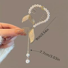 Rhinestone Faux Pearl Banana Clip Hair Accessory with Tassel