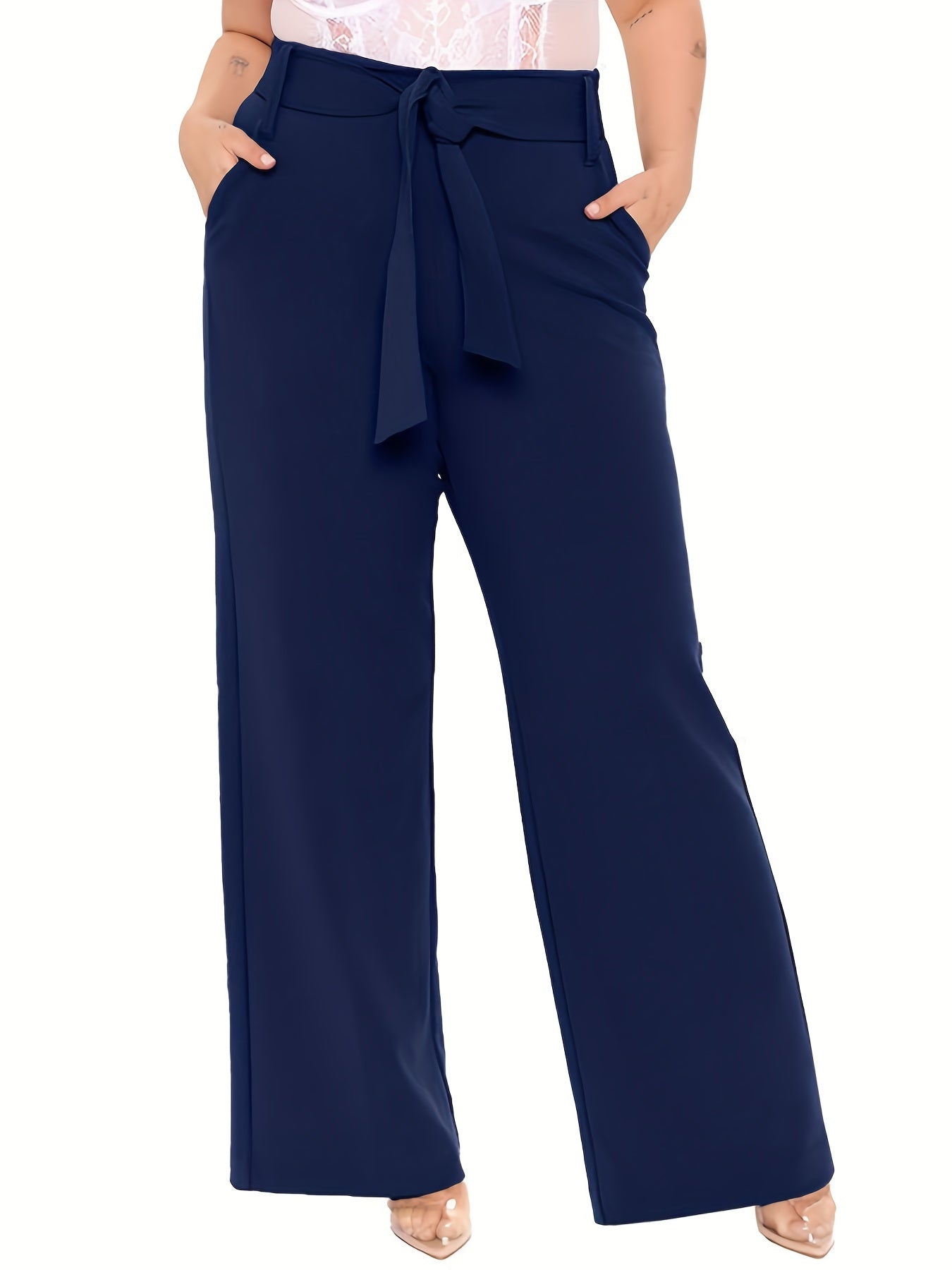  Wide Leg Trousers With Belt & Pockets