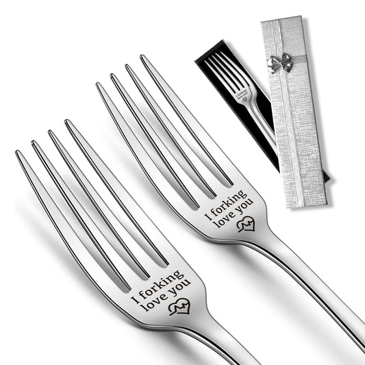 2pcs Forks with I Forking Love You Print Stainless Steel Tableware
