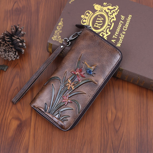 Vintage Leather Wrist Wallet Coffee & Floral Print