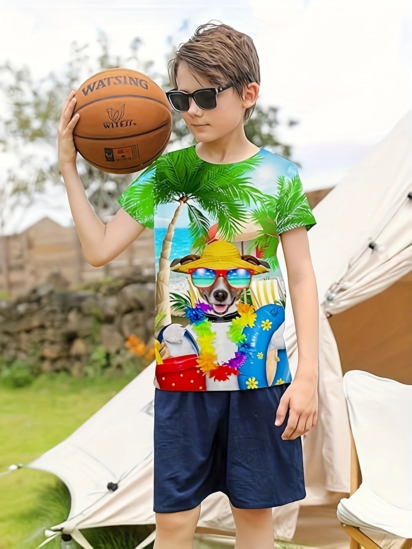 3D Hawaii Puppy Graphic Short Sleeve T shirt Loose Fit Pullover For Boys Girls