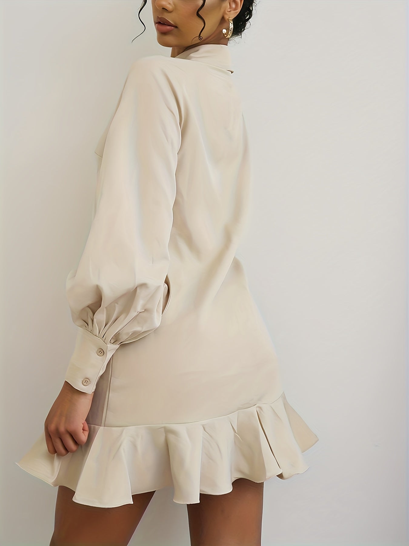  Lantern Sleeve Ruffle Trim Shirt Dress