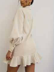  Lantern Sleeve Ruffle Trim Shirt Dress