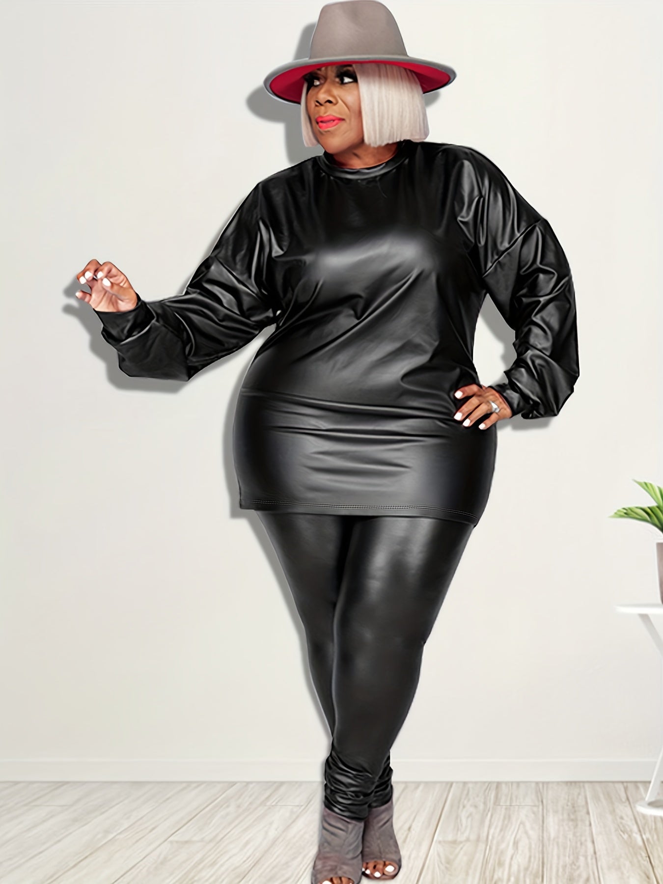 Women's Plus Faux Leather Long Sleeve Top & Pants Set
