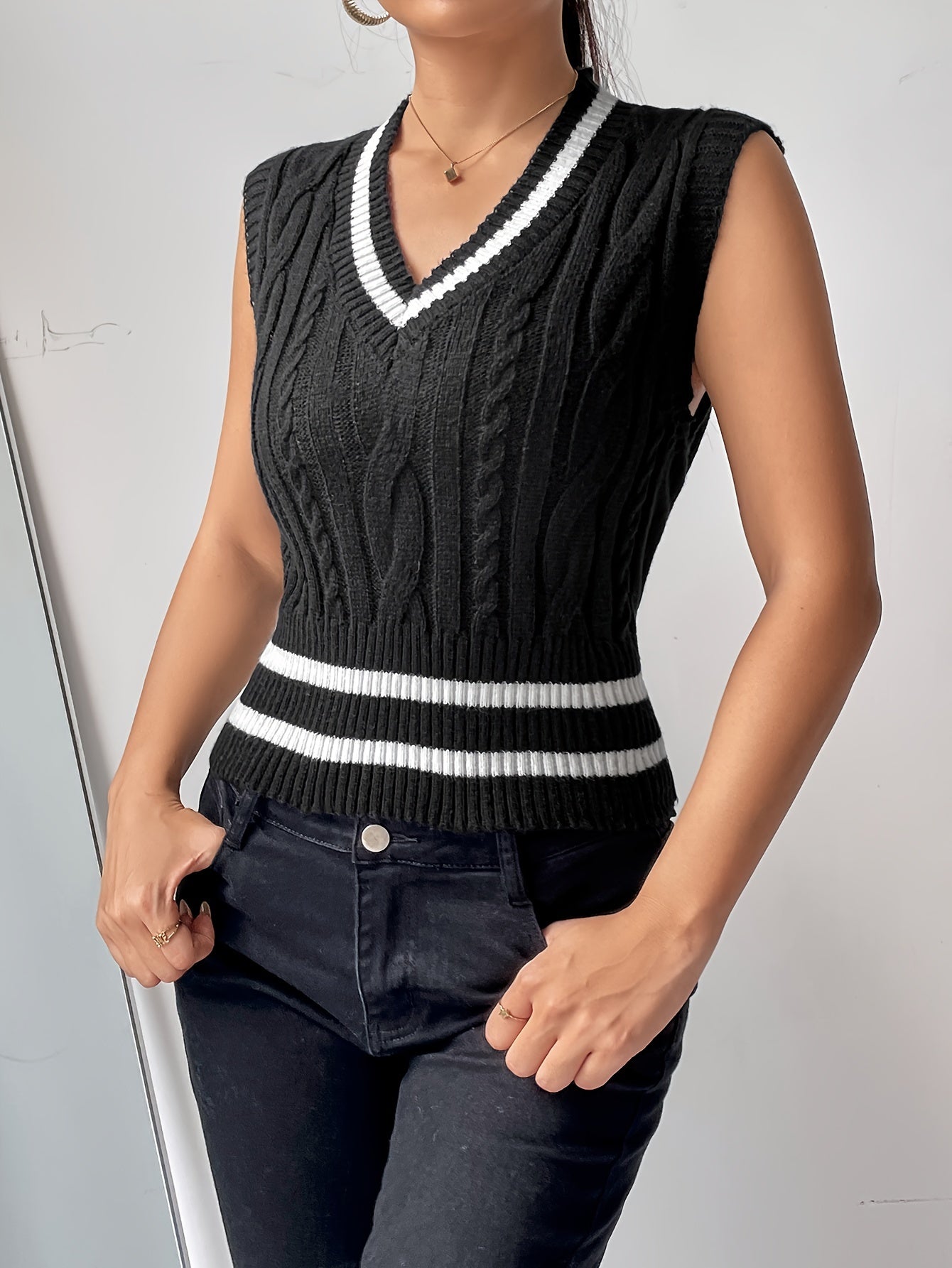  Preppy Sweater Vest Women's Plus Colorblock Cable Knit Vest